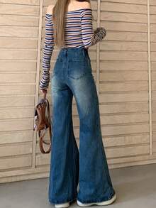 YEAE | Celana Jeans Flare, Celana Panjang Slim Fit Retro Korea Elastis untuk Wanita Kasual Musim Gugur - Dark Wash - View 4