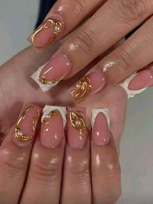 24片优雅别致的美甲贴纸，包含条纹、珍珠、金色条纹和粉色亮面，适合约会、派对、春夏秋冬日常佩戴。可卸式美甲套装包含果冻胶和指甲锉，易于佩戴且持久耐用。果冻胶颜色随机发货。 - 彩色 - 查看 1