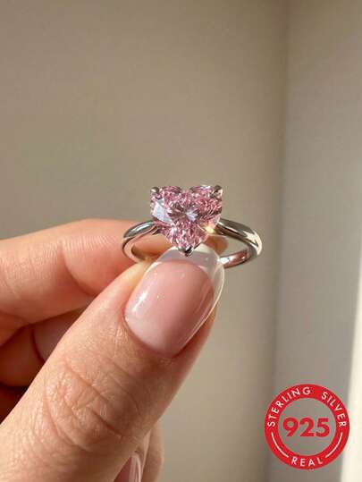 1 pièce Bague en argent sterling S925 élégante avec diamant en forme de cœur de 1 carat, bague de fiançailles pour fête pour femmes, bijou exquis, cadeau d'anniversaire