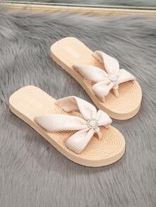 女士夏季人字拖平底凉鞋低跟人字拖蝴蝶结米色杏色沙滩鞋套脚户外沙滩度假旅行 - 米色 - 查看 6