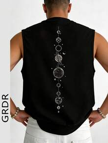 GRDR 男士极简印花休闲宽松圆领背心，百搭夏季街头服饰 - 黑色 - 查看 3