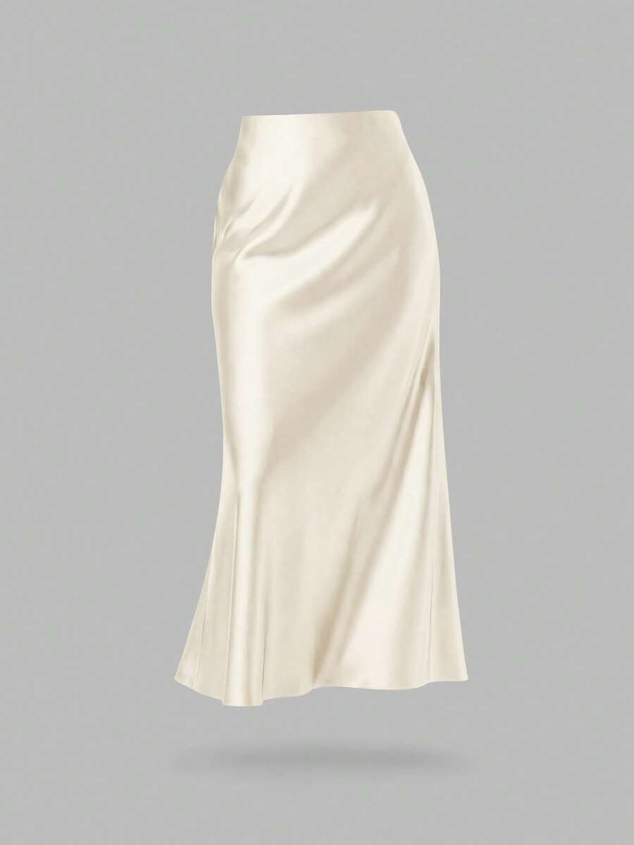 女士时尚休闲简约优雅弹力缎面直筒裙 春季 - 乳白色 - 查看 1