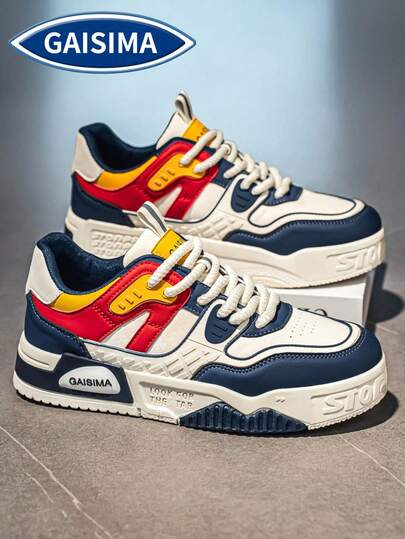 Zapatillas de deporte con detalles geométricos en relieve y bloques de color retro para hombres, calzado casual de patineta de estilo urbano, adecuado para uso diario y transporte urbano, calzado de moda para todas las estaciones