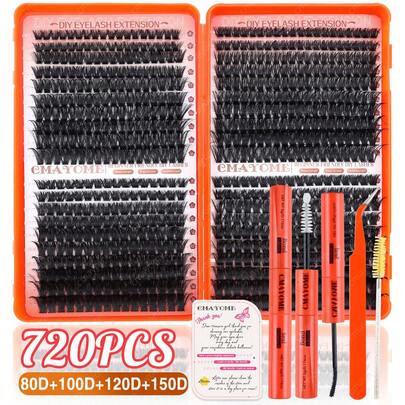 CMAYOME 800/740/720簇假睫毛工具套装，D卷度，混合密度10D-150D，长度8-16毫米，大容量睫毛工具套装，适合初学者，自然轻盈，柔软浓密，DIY单根嫁接睫毛套装，包含胶水、镊子和睫毛刷，提升眼妆效果，适合日常佩戴、工作、旅行、约会、派对和假期。