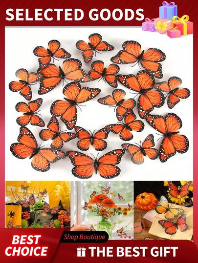 20/10/5/1 Pcs Set Realistic 3D Plastic Simulated Monarch Butterfly Decor, Orange Butterfly Decorations Suitable For Bedroom, Living Room, Autumn Party, Birthday, Wedding, DIY Gift, Wall, Fireplace, Bouquet