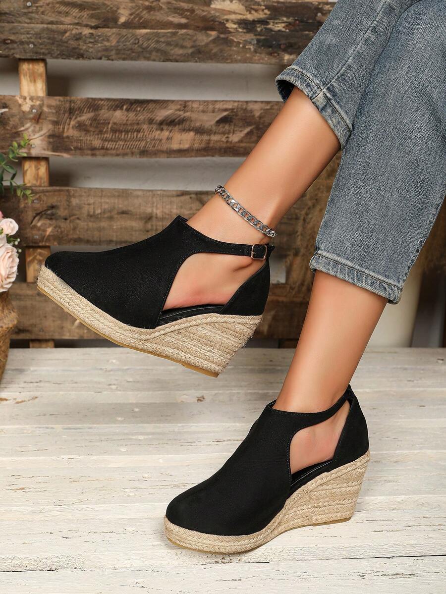 Breathable Closed Toe Wedge Sandals With Rope Accent, Fashionable And Comfortable - Black - View 1
