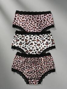 3 piezas Bragas de mujer sexy y cómodas con estampado de leopardo y encaje - Multicolor - Ver 2