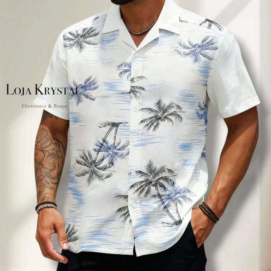 JL Men's Hawaiian Floral Beach Shirt, Short Sleeve, Button-Down, Spring And Summer - Floral 23-Azul - 查看 1