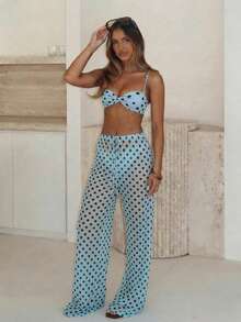 Bộ bikini 3 mảnh chấm bi xanh đen gợi cảm và thời trang, gồm áo quây điều chỉnh được + quần bơi cạp cao + quần ống rộng ôm sát, đồ bơi cần thiết cho kỳ nghỉ hè được các blogger khuyên dùng. - Màu xanh lam - Xem 2