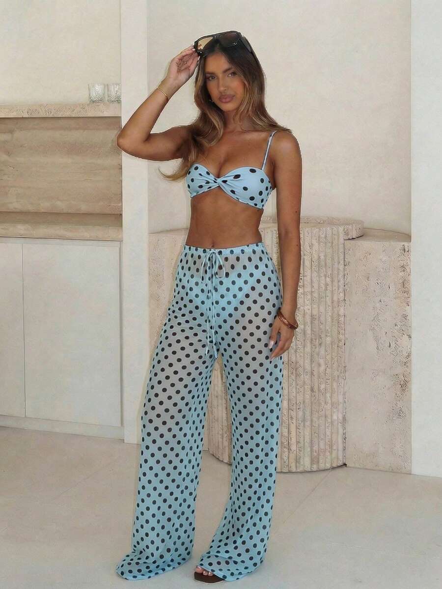 Bộ bikini 3 mảnh chấm bi xanh đen gợi cảm và thời trang, gồm áo quây điều chỉnh được + quần bơi cạp cao + quần ống rộng ôm sát, đồ bơi cần thiết cho kỳ nghỉ hè được các blogger khuyên dùng. - Màu xanh lam - Xem 1