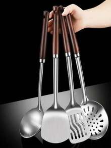 1/3pcs Stainless Steel Spatula, Ladle, Strainer, Wooden Handle Heat-Resistant Cooking Utensil Set - Silver - View 1