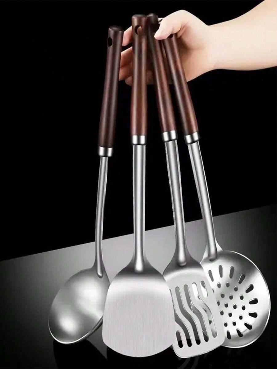 1/3pcs Stainless Steel Spatula, Ladle, Strainer, Wooden Handle Heat-Resistant Cooking Utensil Set - Silver - View 1