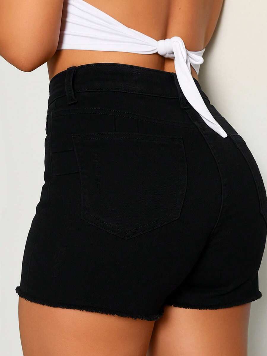 Women's Vacation Style Pockets Distressed Frayed High Waist Denim Shorts Casual Black Summer - Black - View 1