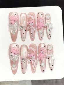 10 móng tay giả hình gấu hồng dễ thương, móng mắt mèo màu nude với nơ chấm bi hình gấu bông, móng nhọn dài Kawaii bằng acrylic cho mùa xuân và sử dụng hàng ngày, kèm keo dán và dũa móng, dụng cụ làm móng DIY. - Màu Hồng baby - Xem 1