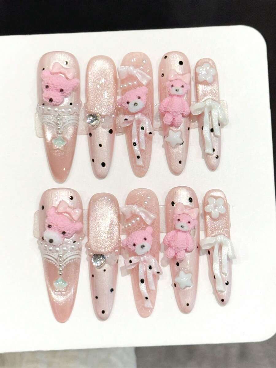10 móng tay giả hình gấu hồng dễ thương, móng mắt mèo màu nude với nơ chấm bi hình gấu bông, móng nhọn dài Kawaii bằng acrylic cho mùa xuân và sử dụng hàng ngày, kèm keo dán và dũa móng, dụng cụ làm móng DIY. - Màu Hồng baby - Xem 1