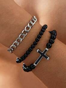1件装时尚个性化不锈钢十字串珠手链套装，简约手工串珠链手链，男士理想礼物 - 黑色 - 查看 2