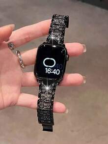 1条镶钻不锈钢金属表带，男女通用，闪亮时尚黑色金属手链，兼容 38mm 40mm 41mm 42mm 45mm 46mm 49mm，Series 10/9/8/7/6/5/4/3/2/1/SE/Ultra，可调节表带 - 黑色 - 查看 3