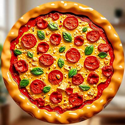 Imán de rebanada de pizza de pepperoni realista: corteza crujiente, pepperoni rojo y queso derretido con hojas de albahaca y salsa de tomate, textura en relieve - una rebanada de Italia que hace agua la boca para tu refrigerador