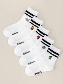 Marvel 1/5 双，Thor 图案儿童袜，荷叶边袜，黑白条纹中筒袜，男女童短袜，柔软透气短袜，防滑乐福袜，可爱卡通短袜，休闲风格，日常穿着 - 彩色 - 查看 4