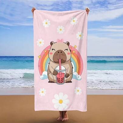 1条沙滩巾，卡通水豚喝珍珠奶茶图案，彩虹雏菊背景，适合游泳、露营、沐浴等多种场合。