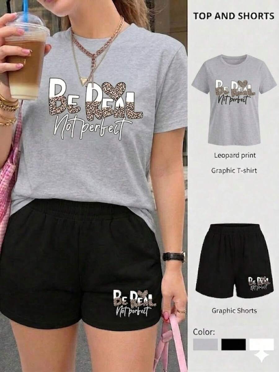 Conjunto Short y playera cuello redondo con estampado en ambas piezas - Gris Claro - Ver 1