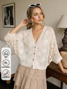 Floral Print Lightweight Breathable Cardigan, Suitable For Beach, Pool, And Vacation In Summer - Apricot - View 2
