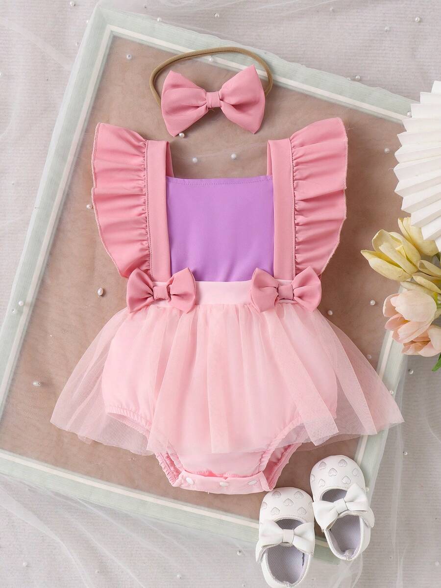 1pc Baby Girls' Lovely Multi-Color Cap Sleeve Bow Tulle Princess Dress, Summer Holiday - Pink - View 1