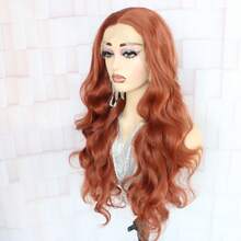 Tóc giả ren phía trước 13x4 không cần keo, dài, màu nâu mật ong và nâu đỏ, tóc giả tổng hợp dành cho nữ, kiểu gợn sóng, màu nâu vàng mật ong và nâu đỏ. - Vàng lanh - Xem 10