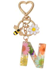 1pc Initial Letter Cute Bee & Flower Keychain, Heart Shaped Daisy Keyring Accessory, Decoration For Women Handbag Gift - Color - View 26