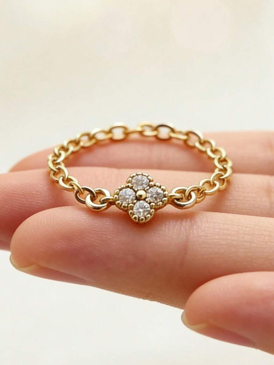 Nhẫn dây hình cỏ bốn lá sang trọng, thiết kế độc đáo, phụ kiện đeo nhiều lớp thanh lịch và đa năng. - Vàng - Xem 1