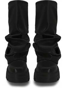 Women's Platform Round Toe Mid Calf Boots With Chunky Heel - M-black - View 10