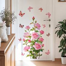 1/2/3pcs Watercolor Pink Rose Butterfly Wall Stickers, Elegant Floral Decals For Living Room Hallway Decoration, Removable Vinyl DIY Wall Art, Aesthetic Room Decor Gift - Floral Wall Sticker - View 4