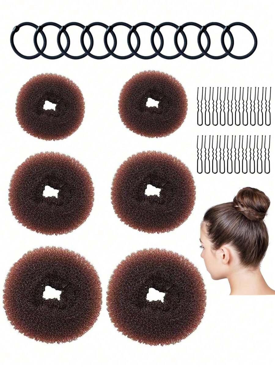 Bộ 6 dụng cụ tạo búi tóc gồm: cỡ cực lớn, lớn, vừa và nhỏ, 20 kẹp tóc lớn và 10 dây buộc tóc màu đen dành cho tóc dày. - Nhiều màu - Xem 1