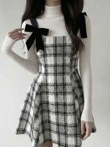 Đầm ngắn hai dây thắt nơ kẻ caro thời trang nữ, mùa xuân/hè - Đen và trắng - Xem 4