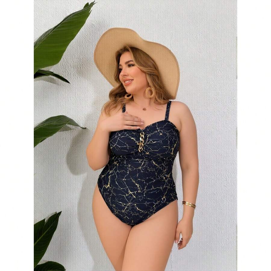 Traje de baño de una pieza talla grande - Traje de baño estampado con acentos dorados, control de abdomen, traje de baño modesto para mujeres - Ropa de playa con estilo - Multicolor 379 - Ver 1