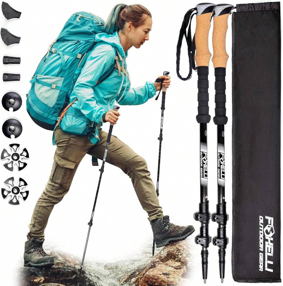 Lightweight Collapsible Carbon Fiber Hiking Poles Cork Grips Adjustable Trekking Sticks With Quick Locks Outdoor Camping - Black - View 1