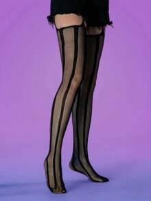 Y2k Style Striped Hollow Out Fishnet Socks For Women, Gothic Thigh High Stockings, Sheer Pantyhose, Retro Style, Europe And America Design, E-Girl - 黑色 - 查看 7