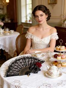 Quạt xếp kiểu Tây Ban Nha cổ điển thanh lịch, thiết kế họa tiết ren hoa hồng, thích hợp cho các bữa tiệc và làm quà tặng, vật dụng thiết yếu hàng ngày, món quà lý tưởng. - Quạt ren - Xem 4