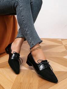 Women's Flat Thick Heel High Heel Pointed Toe Retro Style Lace-Up Loafers, Campus Brogues, Slip-On Loafers, Women's Small Leather Shoes, Mid-Heel Mary Janes, Black Shoes, British Style Thick Heel Shoes - Black - View 2