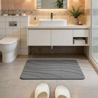 1pc Super Absorbent Quick Dry Bath Mat - Non-Slip, Non-Fabric Material, Handwashable, Comfortable Supportive Bathroom Floor Mat, Soft Diatomite, Bathroom Anti-Slip High-Tech | High-End Gray Wavy Bath Mat, Making Every Step Steady And Comfortable