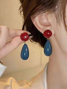 1 Đôi bông tai hình giọt nước kiểu Hồng Kông cổ điển, phối màu tương phản, kiểu dáng độc đáo dành cho nữ. - Màu xanh lam - Xem 2