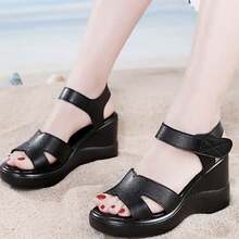 Sandal đế xuồng cao gót dày, da thật, hở mũi, kiểu dáng mới năm 2025, đa năng và phù hợp với mọi kích cỡ. - màu đen - Xem 1