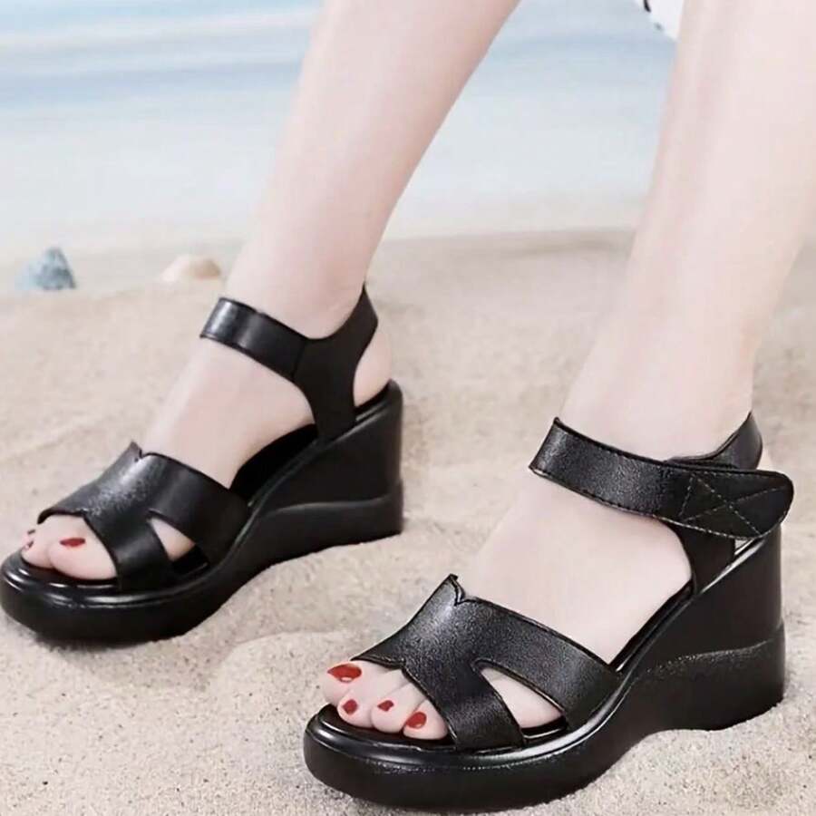 Sandal đế xuồng cao gót dày, da thật, hở mũi, kiểu dáng mới năm 2025, đa năng và phù hợp với mọi kích cỡ. - màu đen - Xem 1