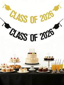 2件套2026毕业季装饰闪光毕业横幅，2026毕业庆祝派对装饰 - 金色闪光2026毕业横幅，“我们为你骄傲，祝贺2026届毕业生”，2026毕业派对装饰（预组装），适用于毕业季庆祝派对（金色和黑色） - A - 查看 7