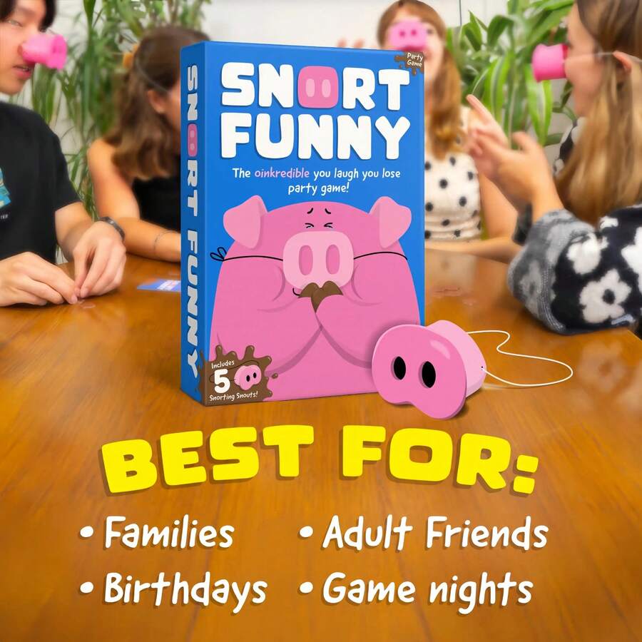 Snort Funny Party Game | Must-Have For Family, Friends & Bachelor/Bachelorette Nights | 150 Cards & 5 Pig Snouts - Blue - View 1