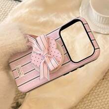 GUCADI Cream Striped Heart-Shaped Bow 17 Pro Max Phone Case, Suitable For 16 Magnetic Stand 15, Korean Sweet, Girly, Creative, Geometric, Minimalist, Contrast Color, Niche, Ins Style - 粉色 - 查看 3