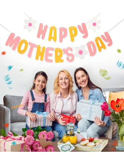 Mother's Day Felt Banner, Happy Mother's Day Banner With Flower,Garland Banner For Mother's Day Brunch Event