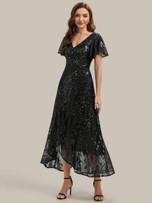 EVERPRETTY 奢華亮片花卉V領荷葉邊下擺無袖高低下擺晚禮服，黑色婚禮賓客禮服，新娘母親正式晚禮服 - 黑色 - 查看 6