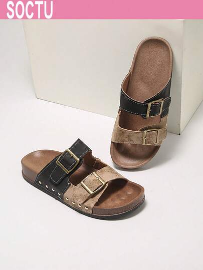 Women's Retro Buckle Soft Cork Bottom Sandals - Casual Rivet Decor Platform Slippers, Summer Beach Shoes