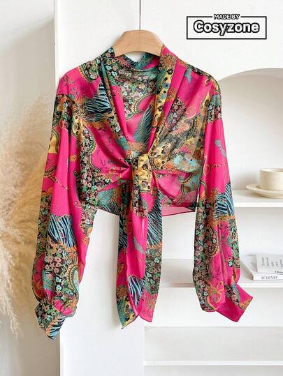 1 chiếc áo khoác cardigan voan in hoa thanh lịch, kiểu dáng nhẹ nhàng, đa năng, thích hợp mặc hàng ngày trong mùa xuân/hè, chống nắng.